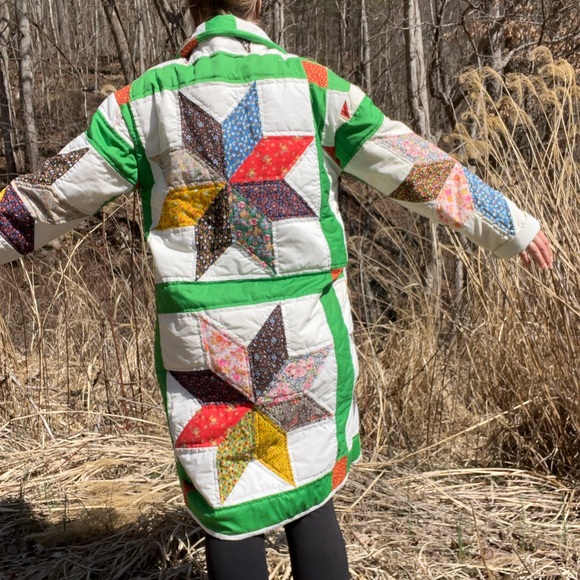 Handmade Star Patchwork Quilt Coat in Bright Green Trim - Picture 8 of 9